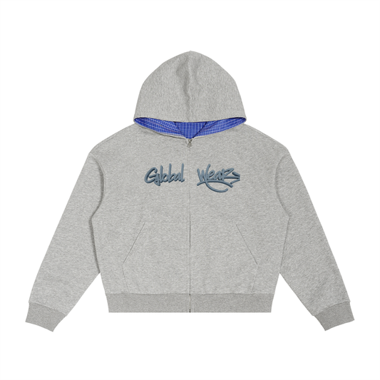 Contrast Plaid Boxy Zip Hoodie
